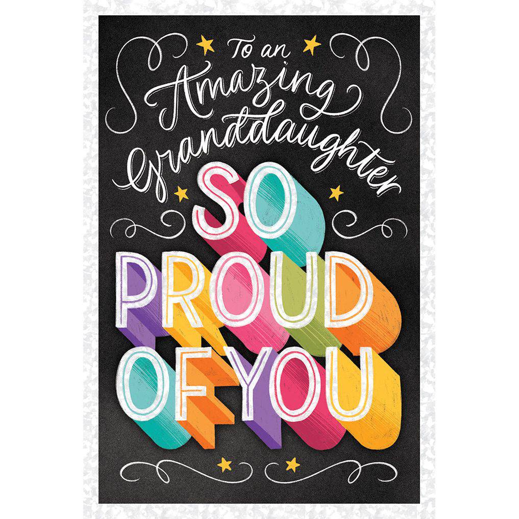 Pictura graduation card for granddaughter with "So Proud Of You" message, featuring colorful congratulatory design.